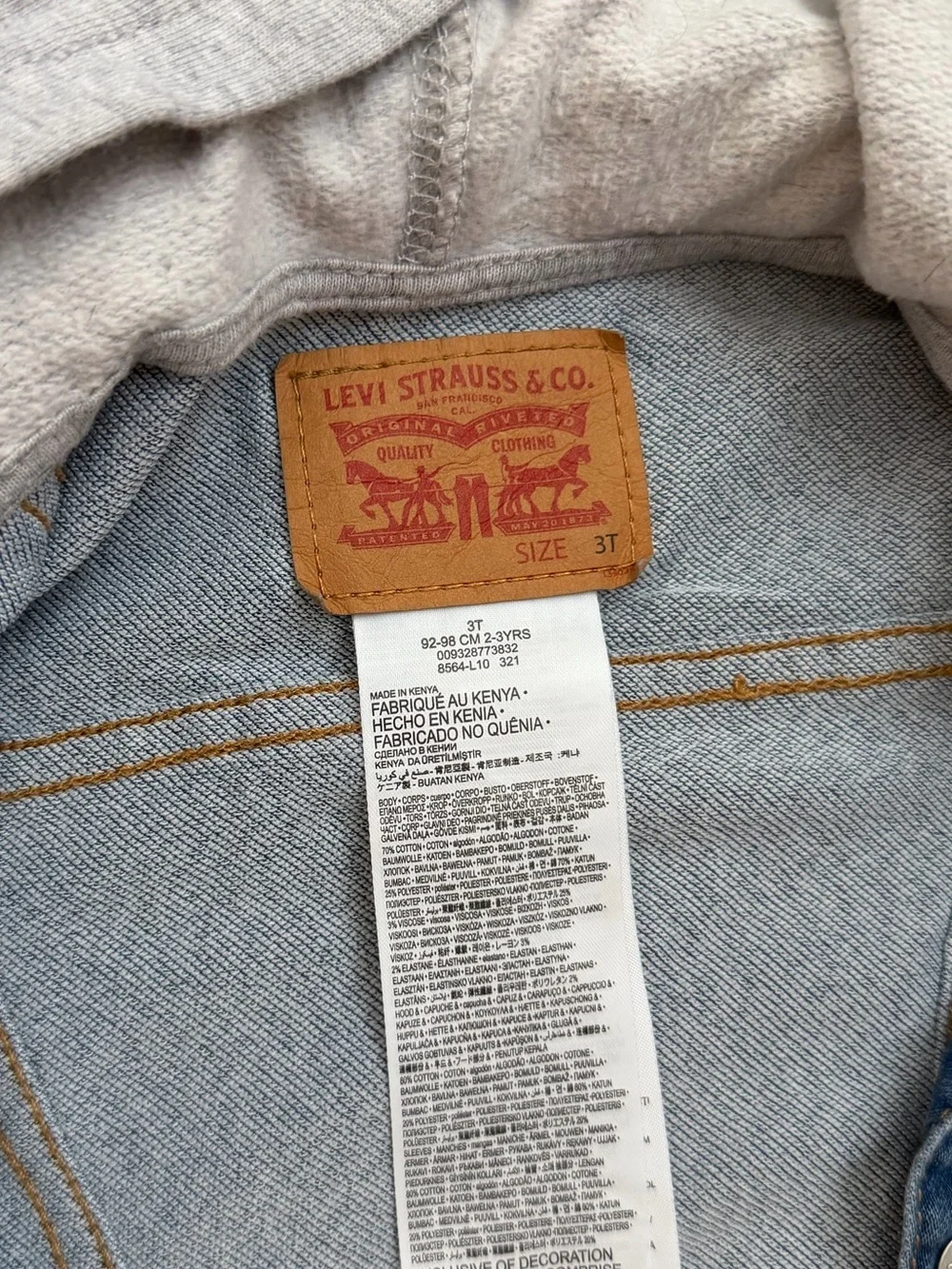 Levi's Blue Denim Jacket with Grey Hood and sleeves
